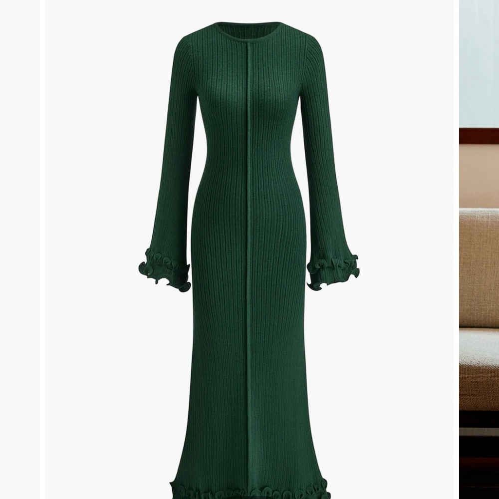 Green Commense Semi-Sheer Piping Ruffle Drawstring Knit Dress